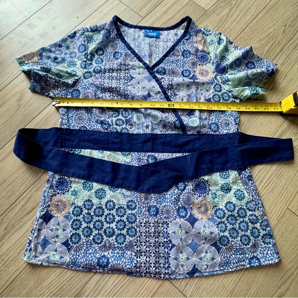 Floral embroidered Patterned Wrap scrub top